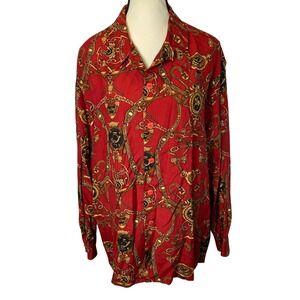 Saks Fifth Avenue Silk Button Down Shirt Women L Equestrian Chain Print Luxury